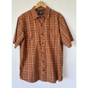 REI Button Up Shirt Mens Large Short Sleeve Vented Orange White Plaid NWOT